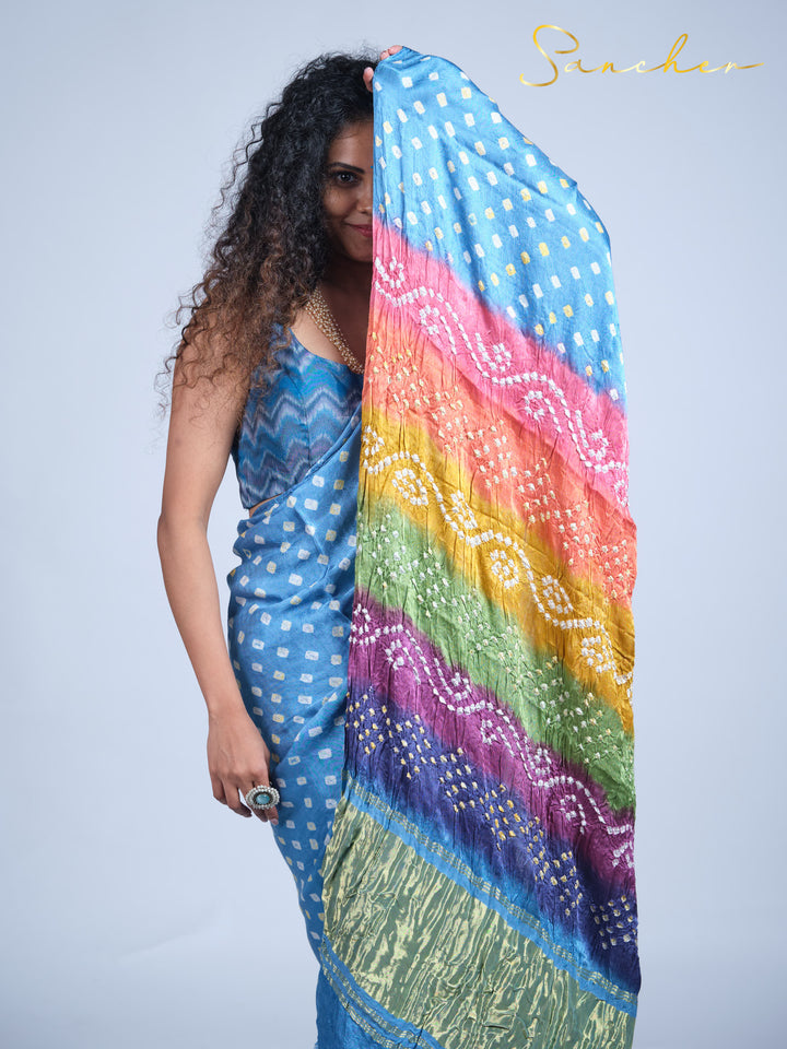 pale blue bandhani saree