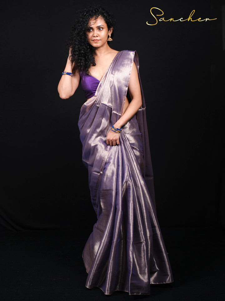 Traditional mul zari saree in lavender purple color with zari work for festivals