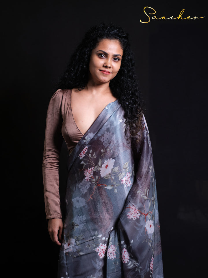 Close-up of Night Flowers Premium Satin Silk Saree showing delicate white and pink floral details