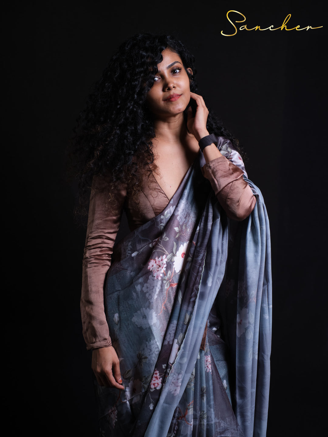 Close-up of Night Flowers Premium Satin Silk Saree showing delicate white and pink floral details