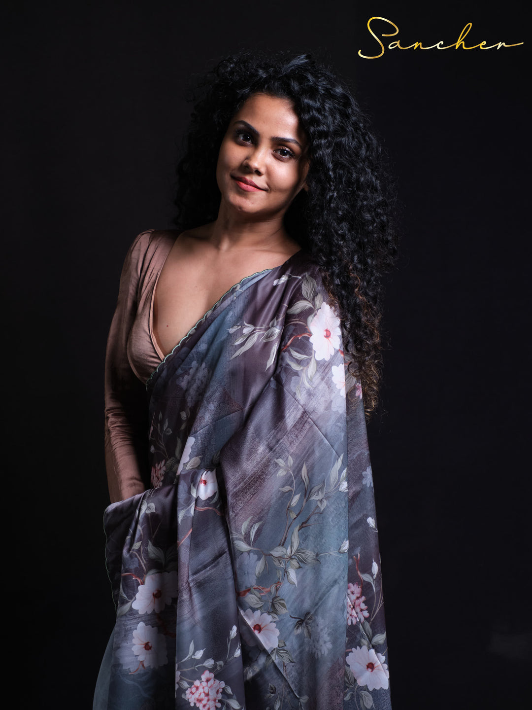 Elegant draping of Night Flowers Premium Satin Silk Saree showing flowing fabric movement