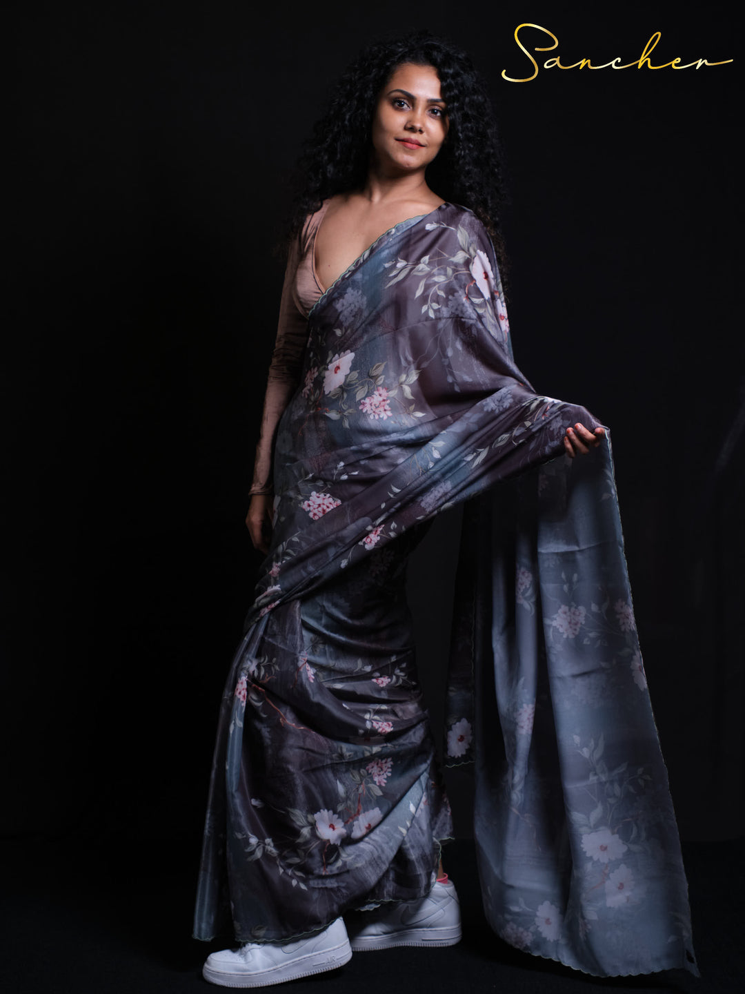 Night Flowers Premium Satin Silk Saree with floral pattern on dark blue background