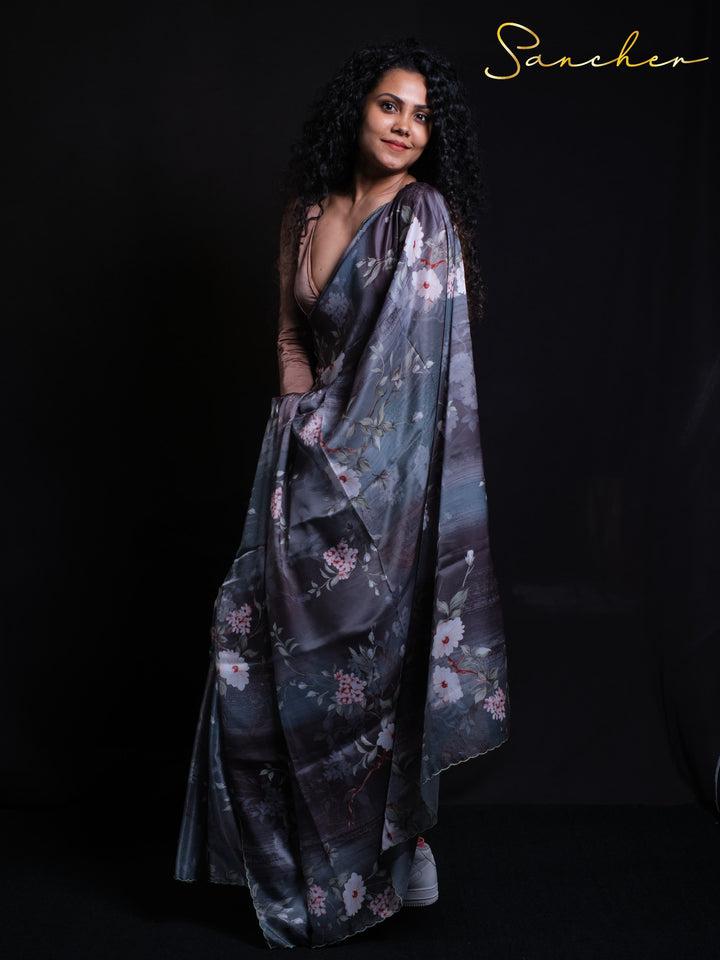 Full-length view of dark blue Night Flowers Satin Silk Saree with white floral pattern