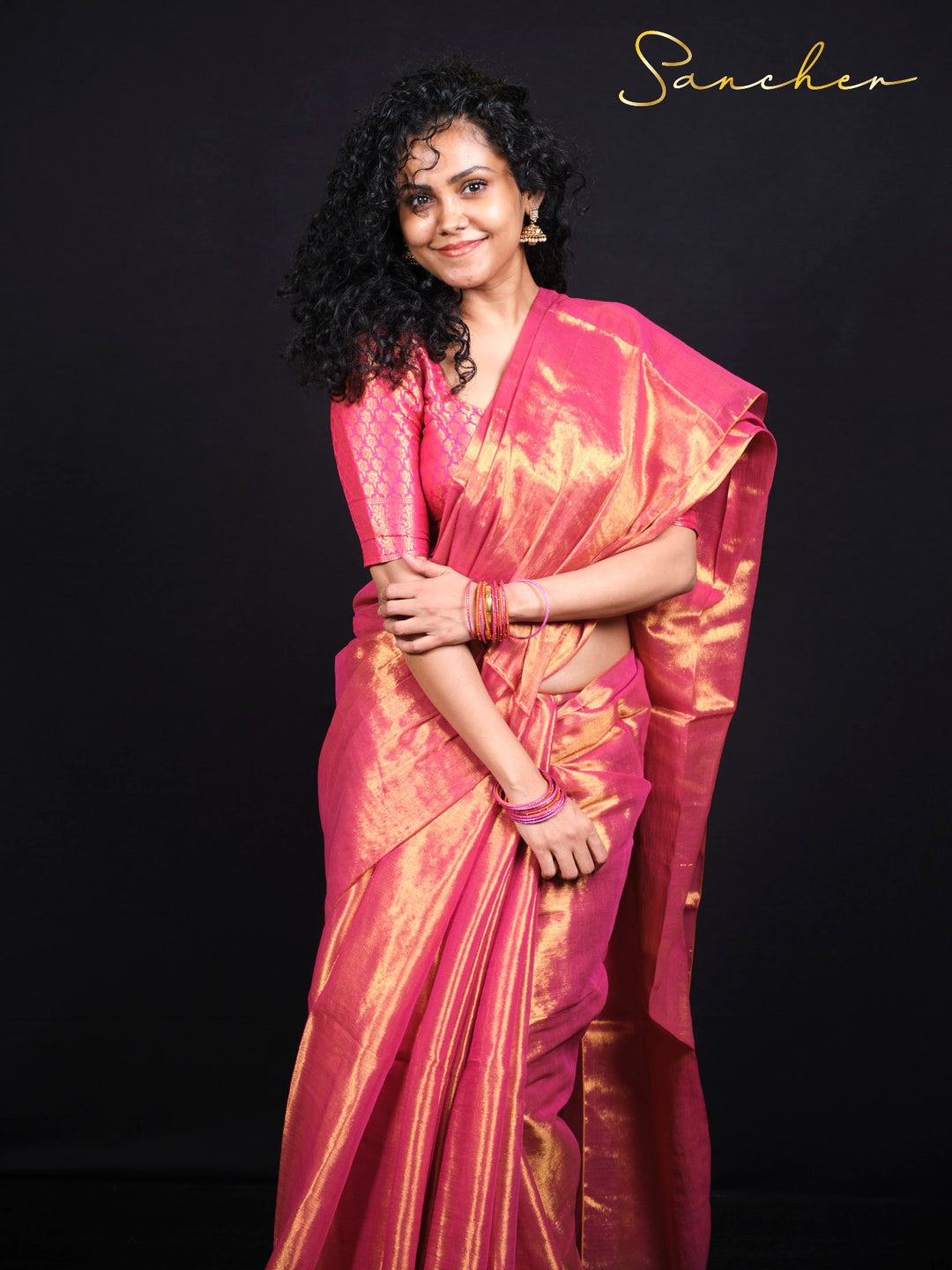 Full length pink zari saree with matching blouse piece for women | Sancher