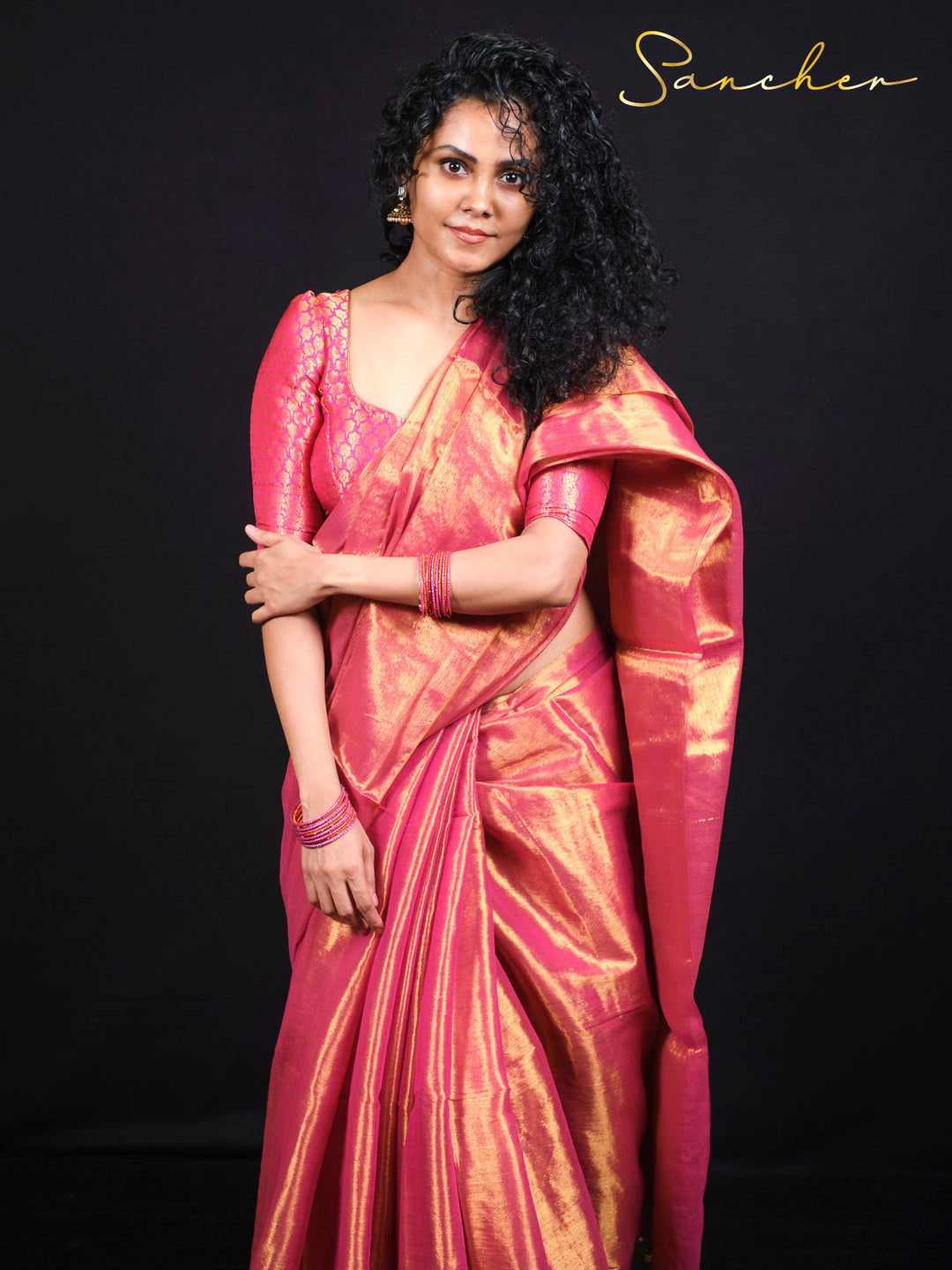 Elegant pink palanche saree with traditional zari weaving perfect for parties