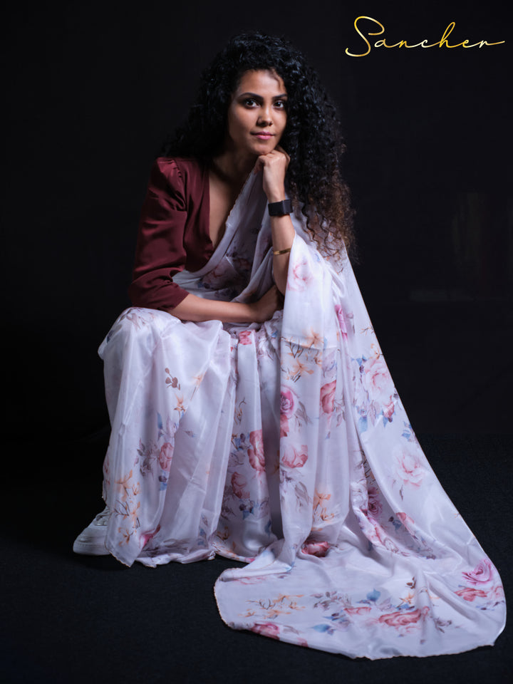 Rose Petal saree with burgundy blouse and white sneakers - modern styling