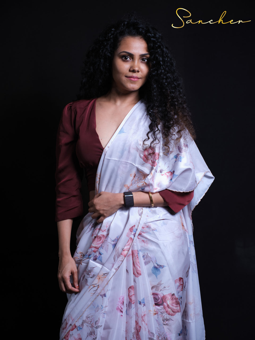 Elegant floral printed satin silk saree with delicate pink roses and full sleeve blouse