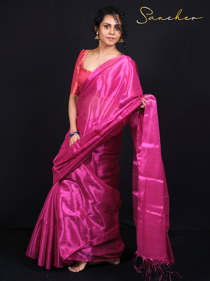 Full length view of Rose Radiance ethnic Mul Zari saree with decorative tassels and border design