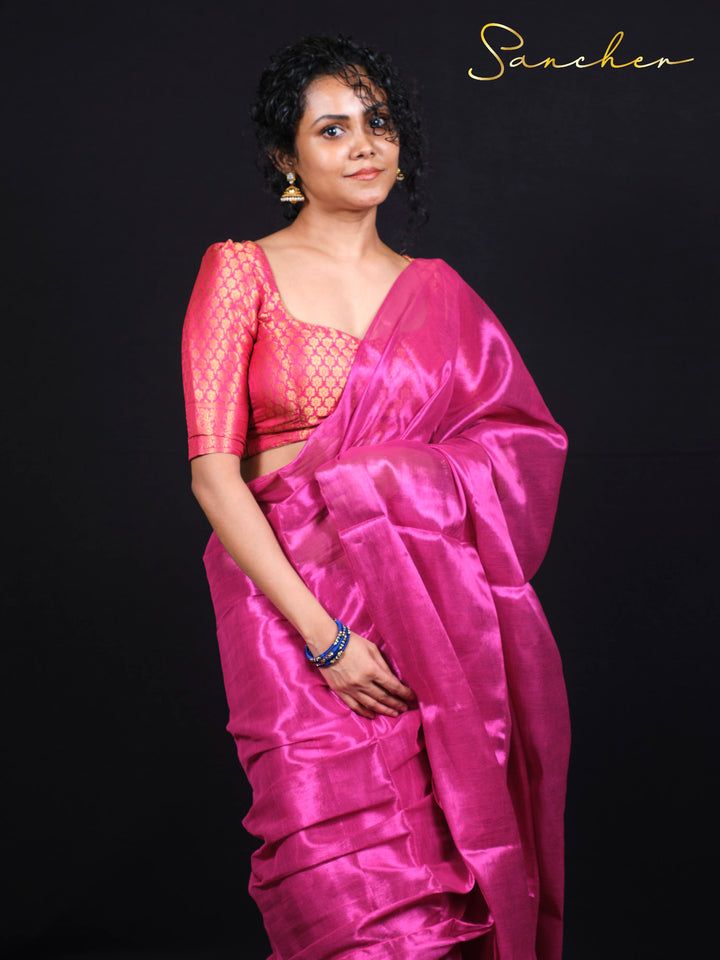 Elegant lady in traditional Rose Radiance Mul Zari saree showing graceful draping style and silk texture