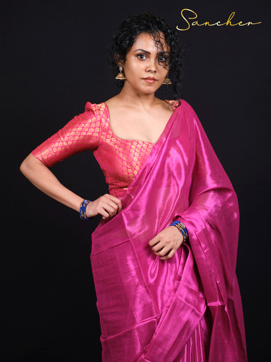 Magenta Rose Radiance Mul Zari saree fabric detail highlighting soft cotton silk texture and zari embroidery