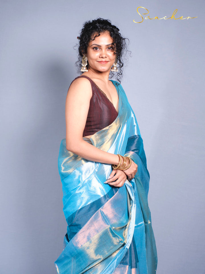 Premium mul zari cotton saree in ocean blue color with elegant draping style