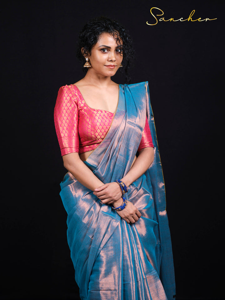 Full length view of Sancher Serence Sea Blue Mul Zari saree perfect for office wear and festivals