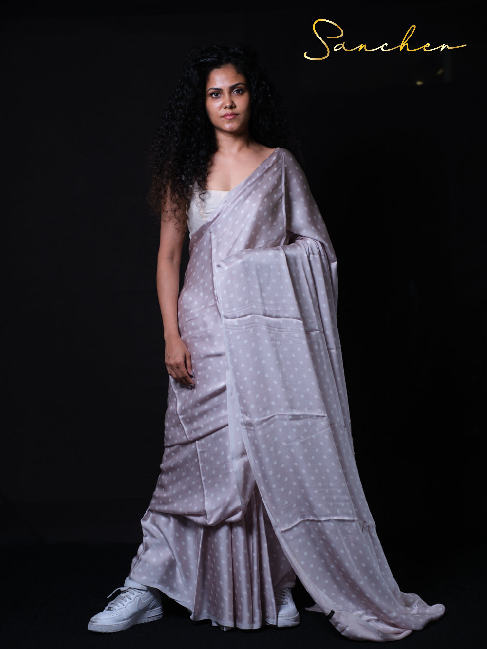 Premium quality modal silk fabric saree with vintage polka dot pattern and modern styling