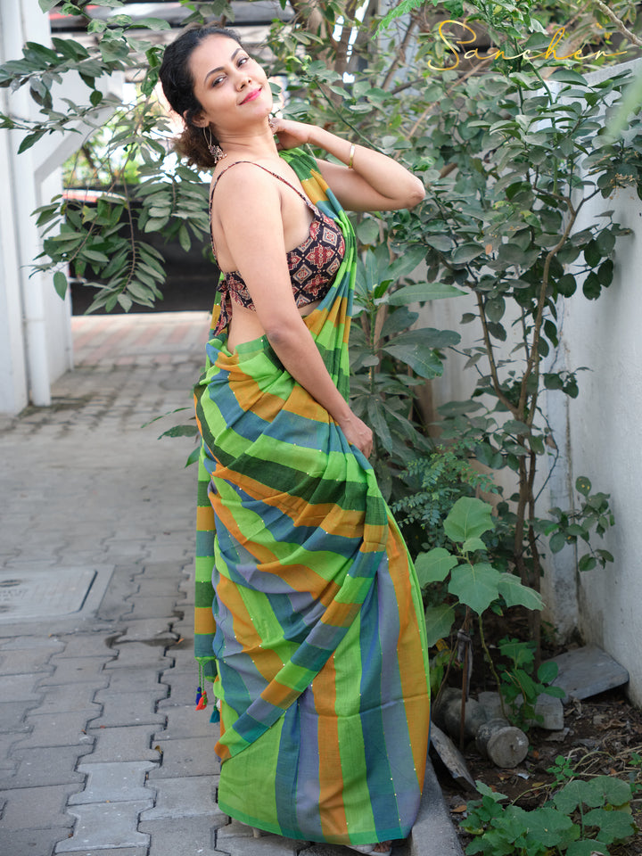 Mistique Algae Mulmul Cotton Saree