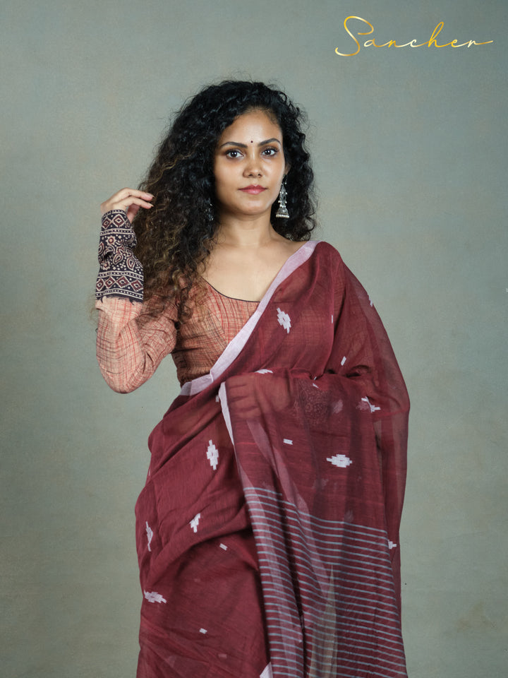 Maroon Mirage Jamdhani Mulmul Cotton Saree