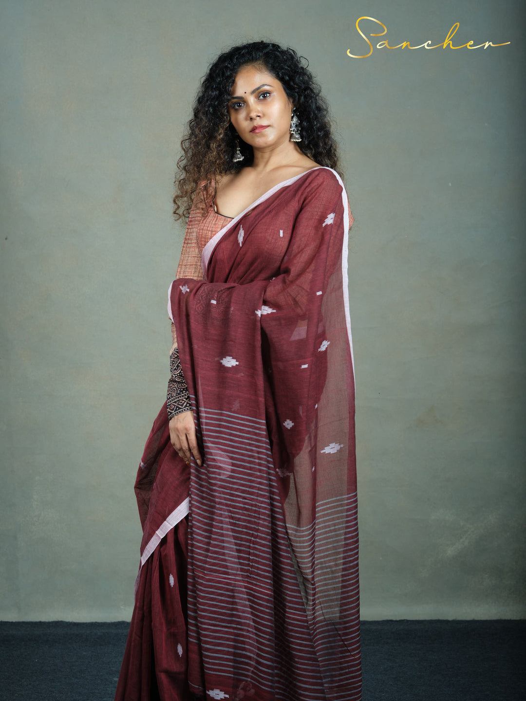 Maroon Mirage Jamdhani Mulmul Cotton Saree