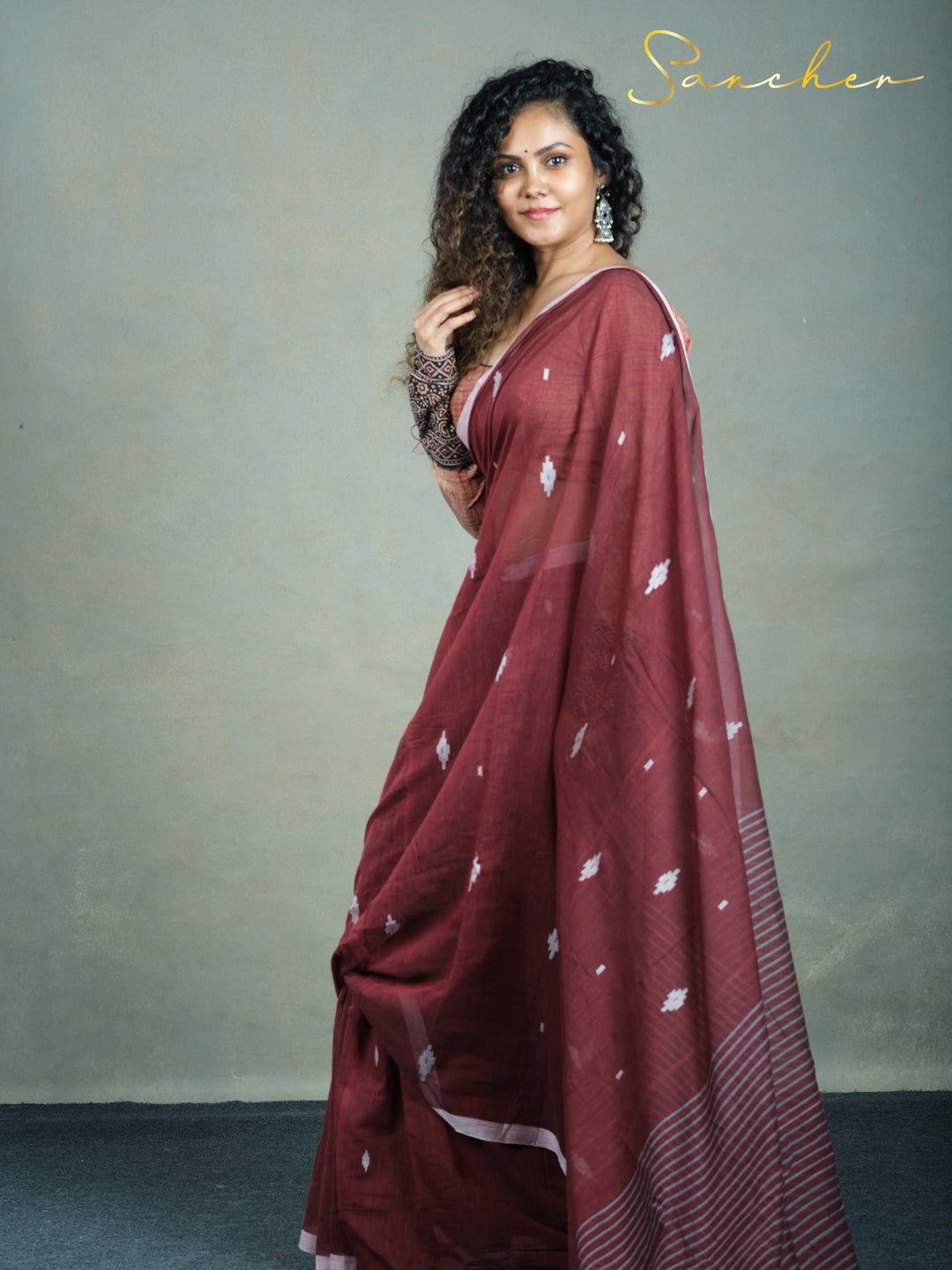 Maroon Mirage Jamdhani Mulmul Cotton Saree