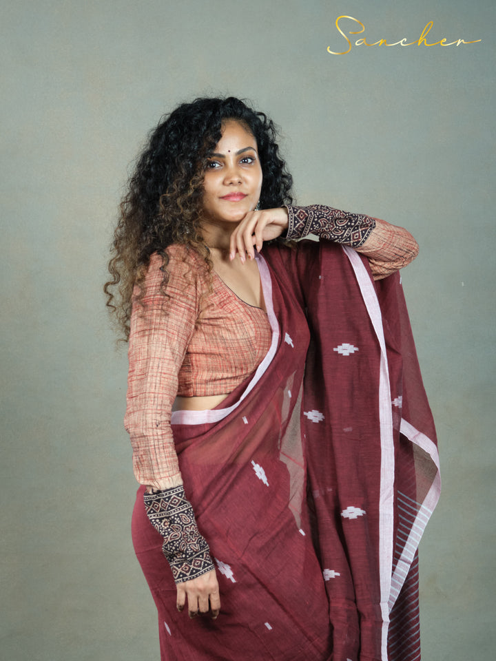 Maroon Mirage Jamdhani Mulmul Cotton Saree