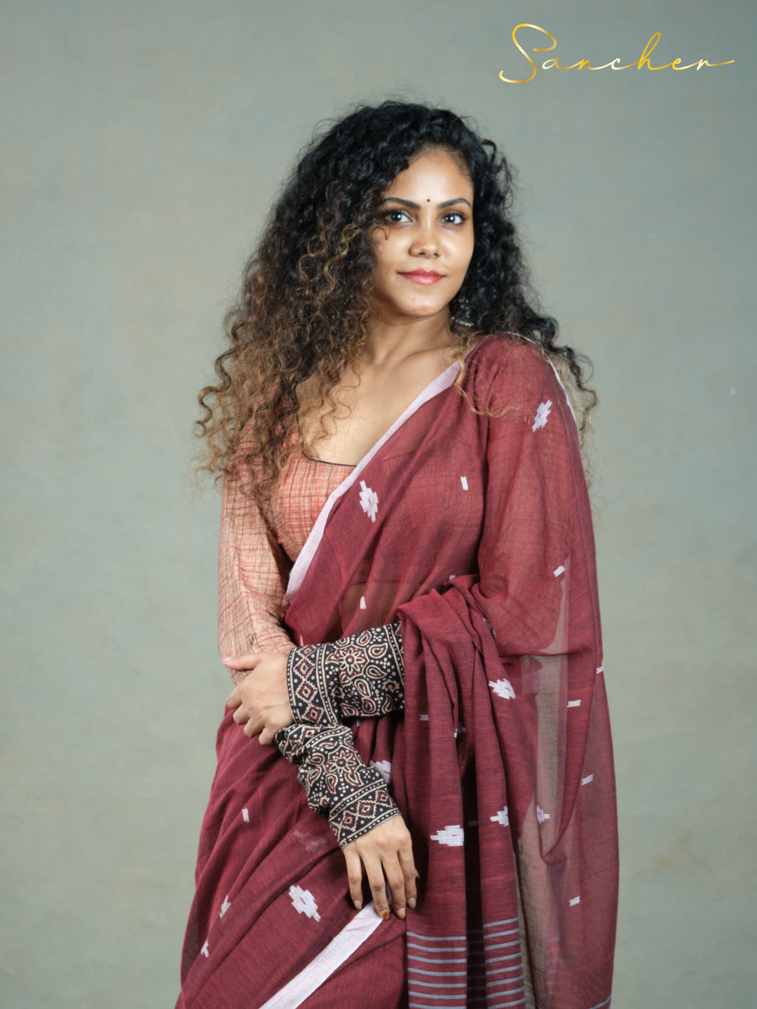 Maroon Mirage Jamdhani Mulmul Cotton Saree