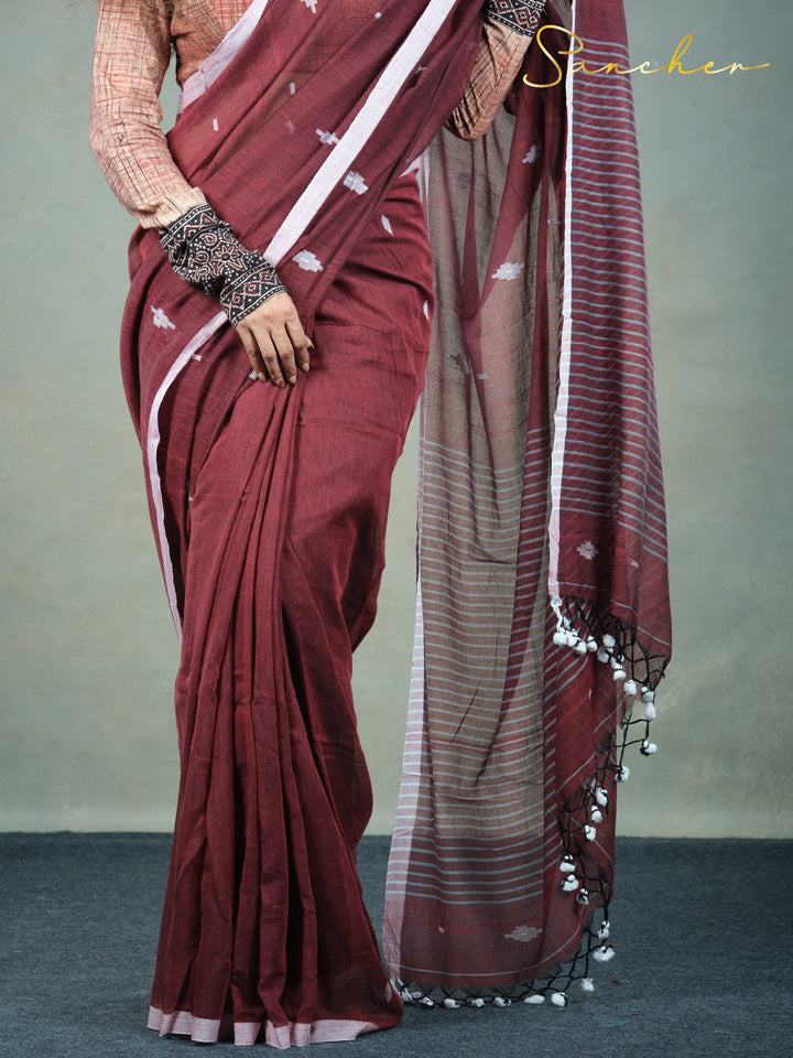 Maroon Mirage Jamdhani Mulmul Cotton Saree