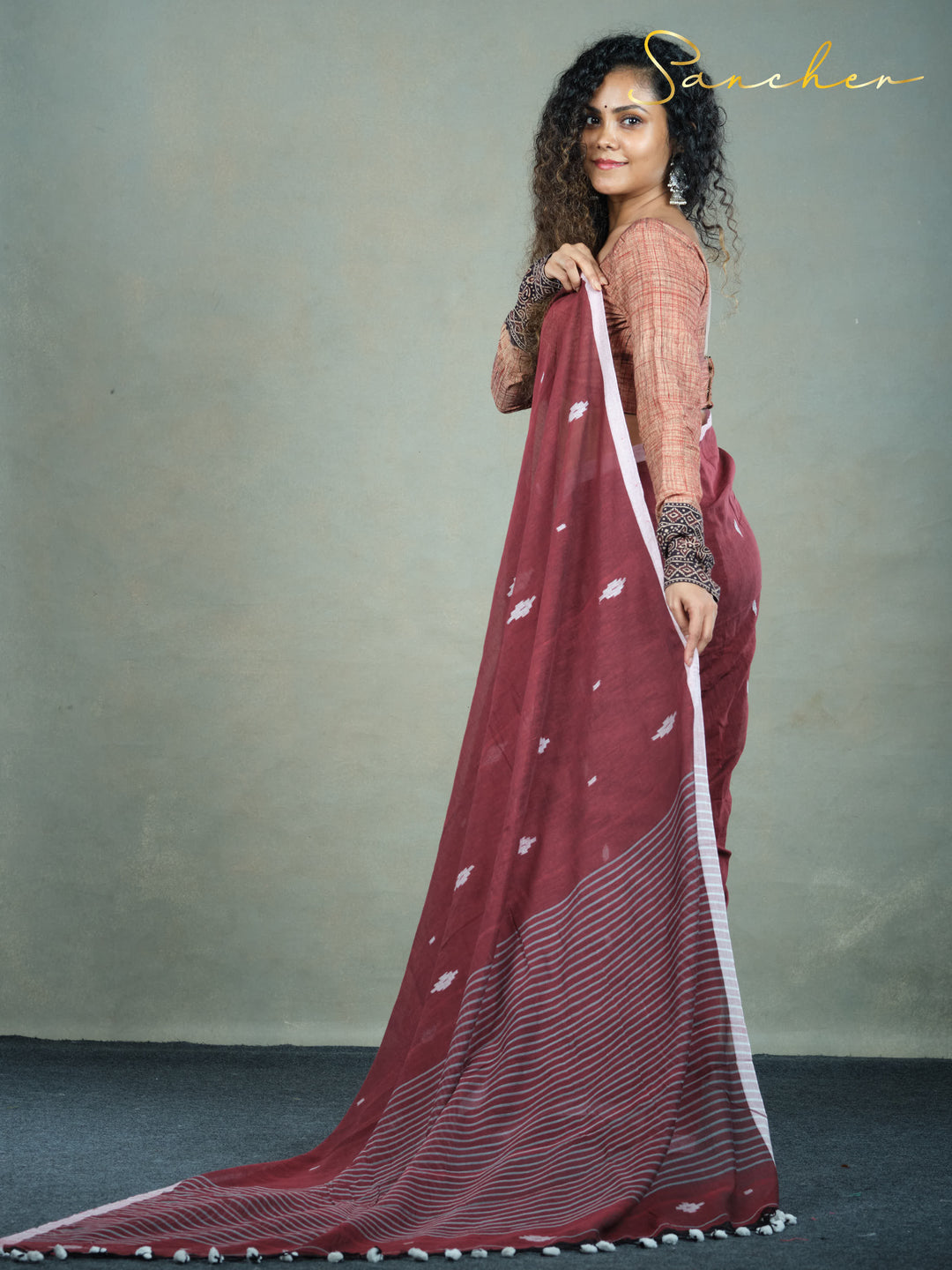 Maroon Mirage Jamdhani Mulmul Cotton Saree