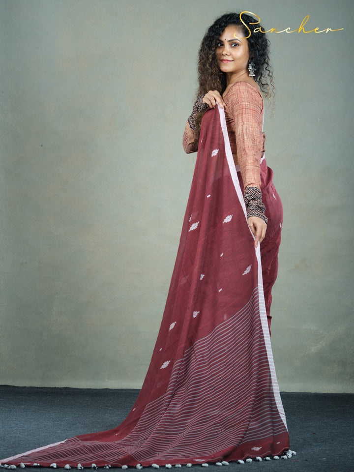 Maroon Mirage Jamdhani Mulmul Cotton Saree