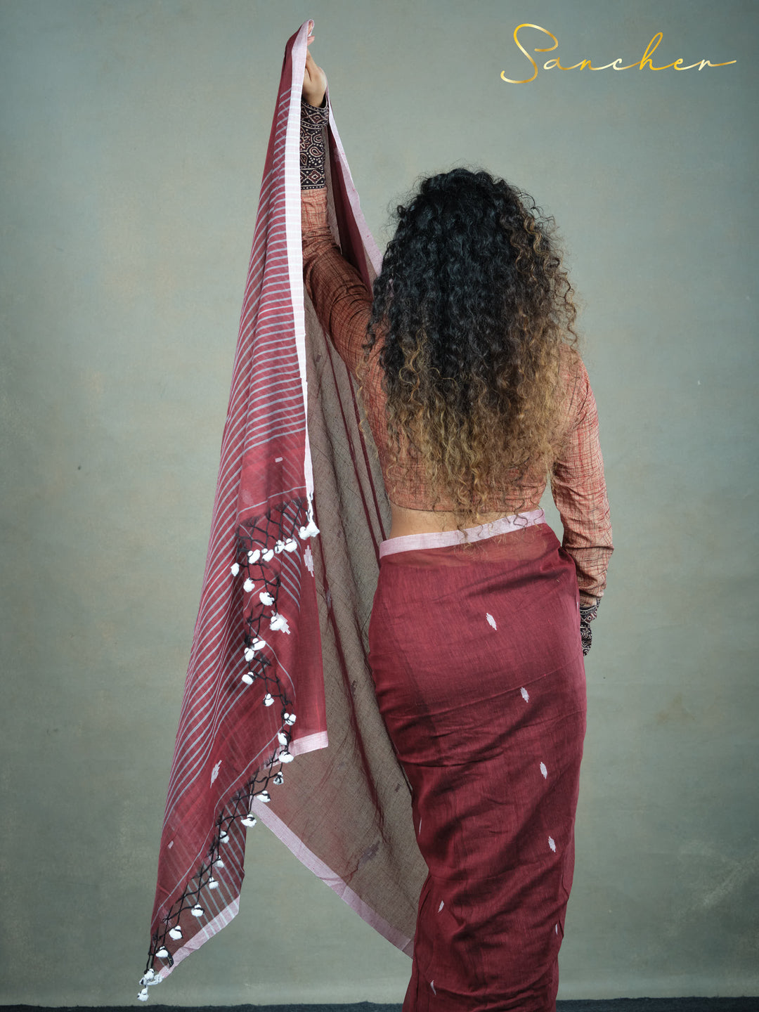Maroon Mirage Jamdhani Mulmul Cotton Saree