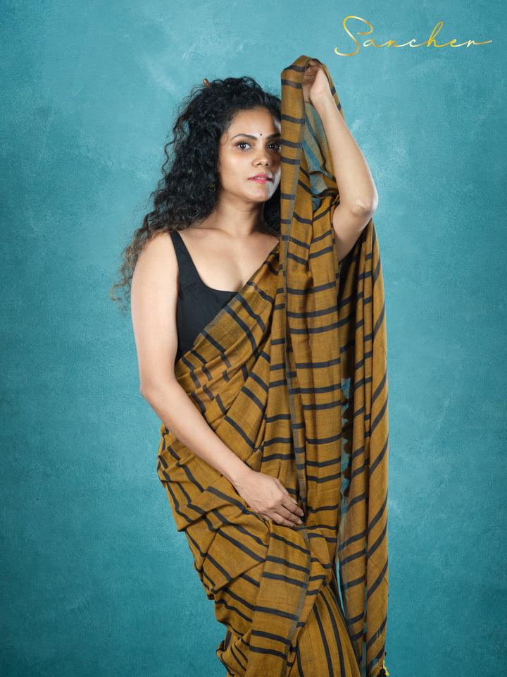 Mustard Nightfall Mulmul Cotton Saree