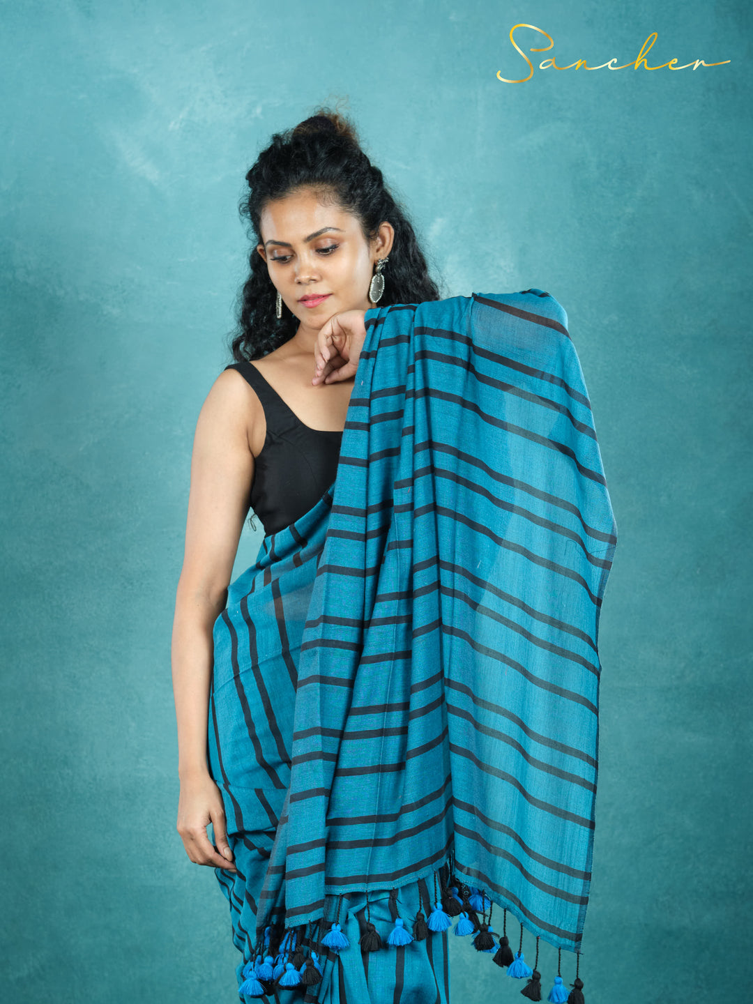 Navy Shadows Mulmul Cotton Saree