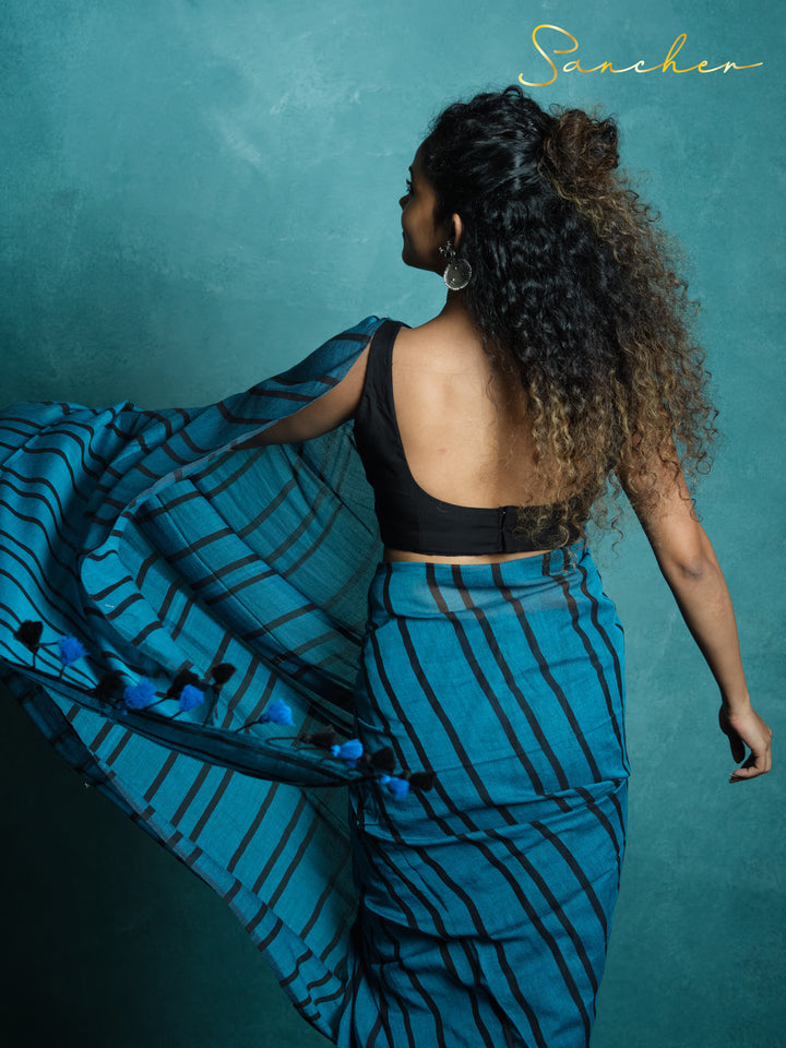 Navy Shadows Mulmul Cotton Saree