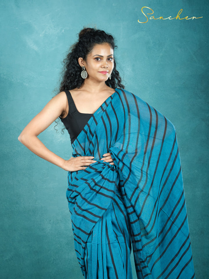 Navy Shadows Mulmul Cotton Saree