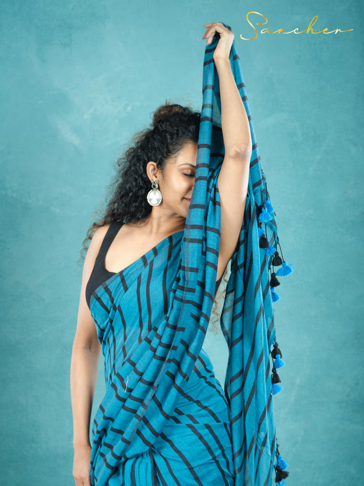 Navy Shadows Mulmul Cotton Saree