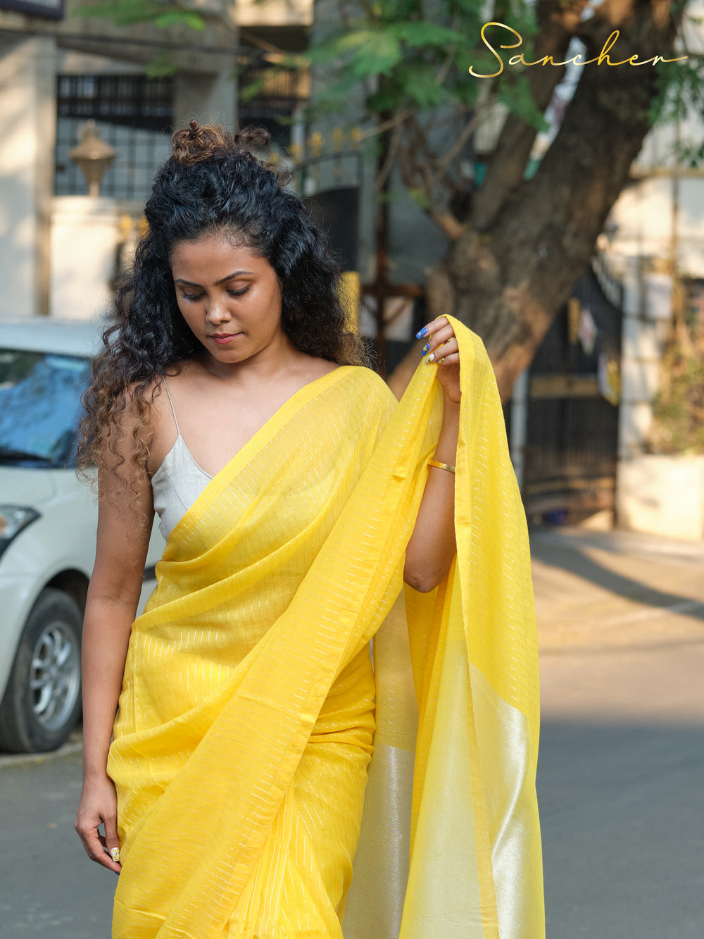 Yellow Mulmul Cotton Saree