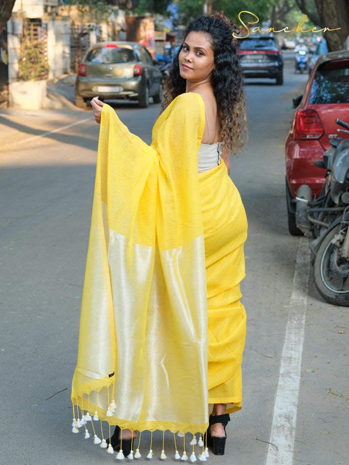 Yellow Mulmul Cotton Saree