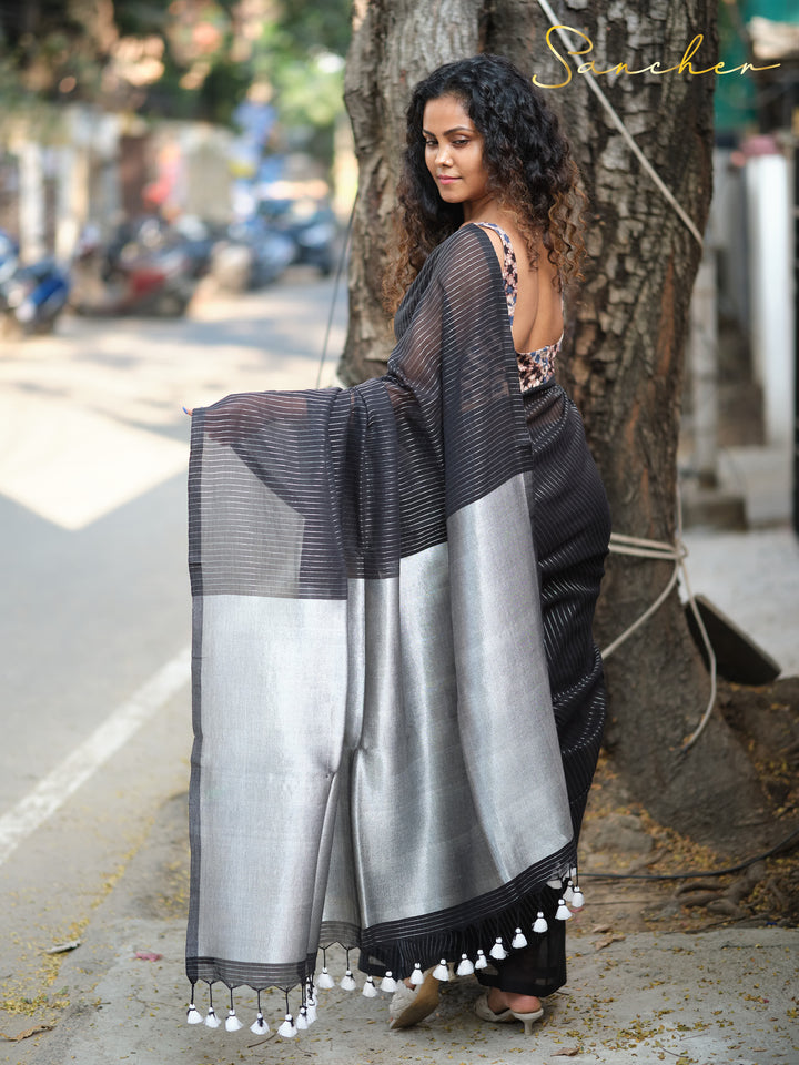 Black & Silver Stripe-Mulmul Cotton Sarees