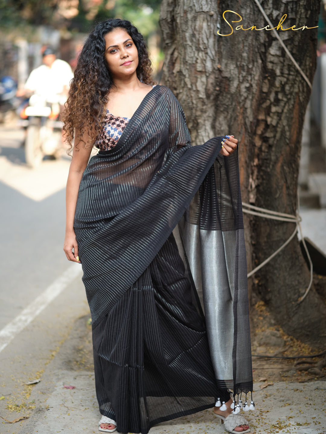 Black & Silver Stripe-Mulmul Cotton Sarees