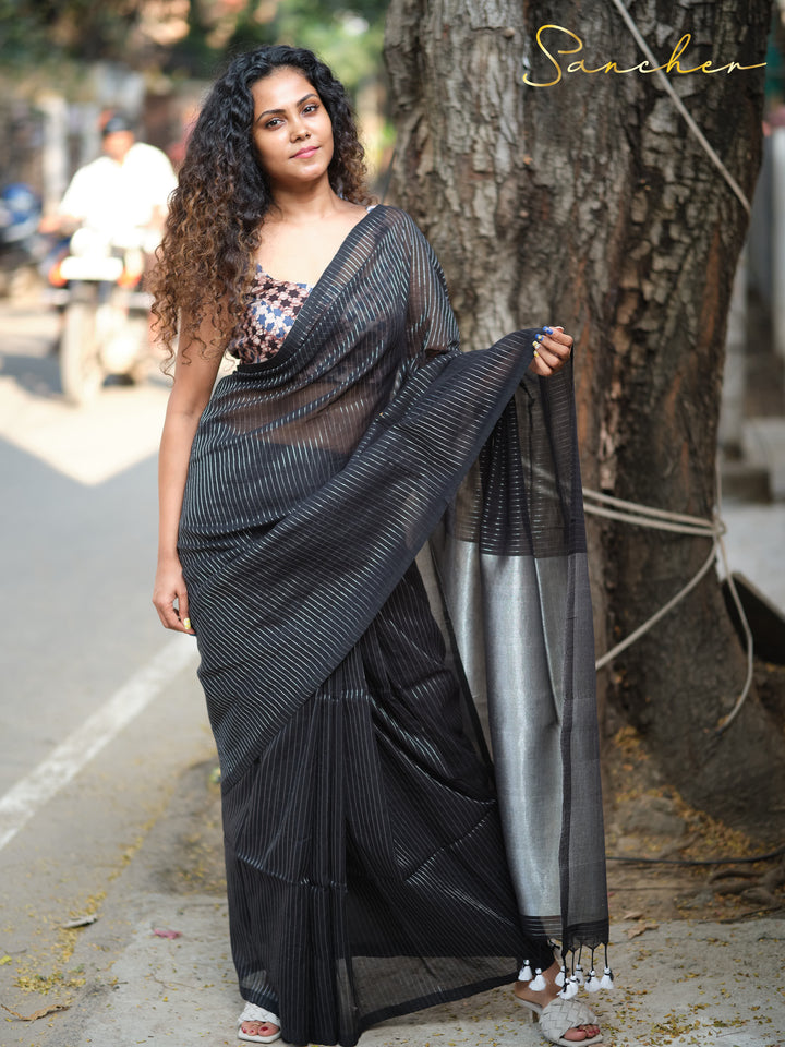 Black & Silver Stripe-Mulmul Cotton Sarees