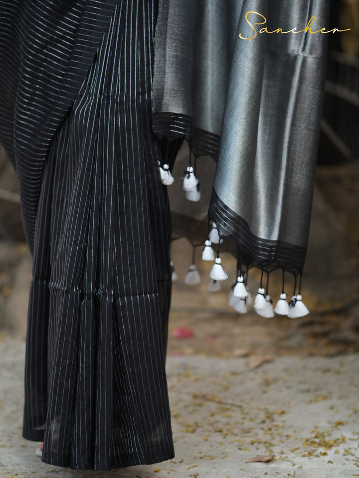 Black & Silver Stripe-Mulmul Cotton Sarees