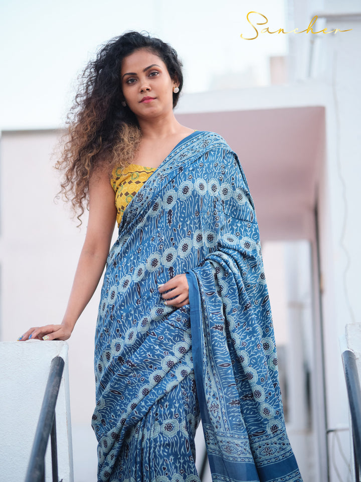 Blue Ajarkh Modal Silk Saree