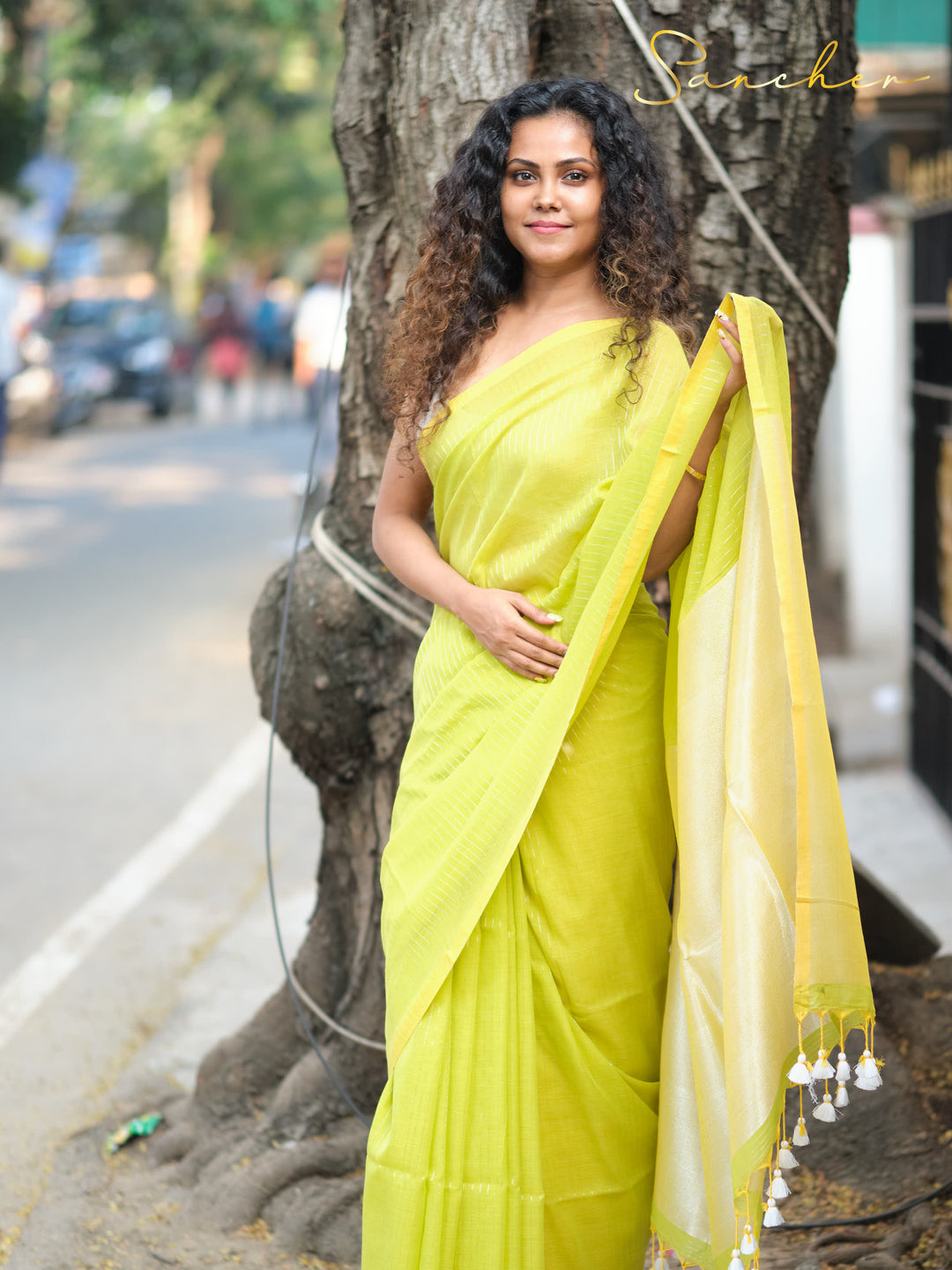 Lime Green Mulmul cotton Saree