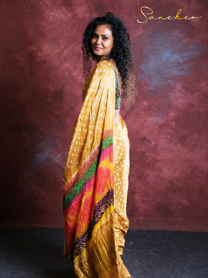 Golden Yellow bandhani silk saree