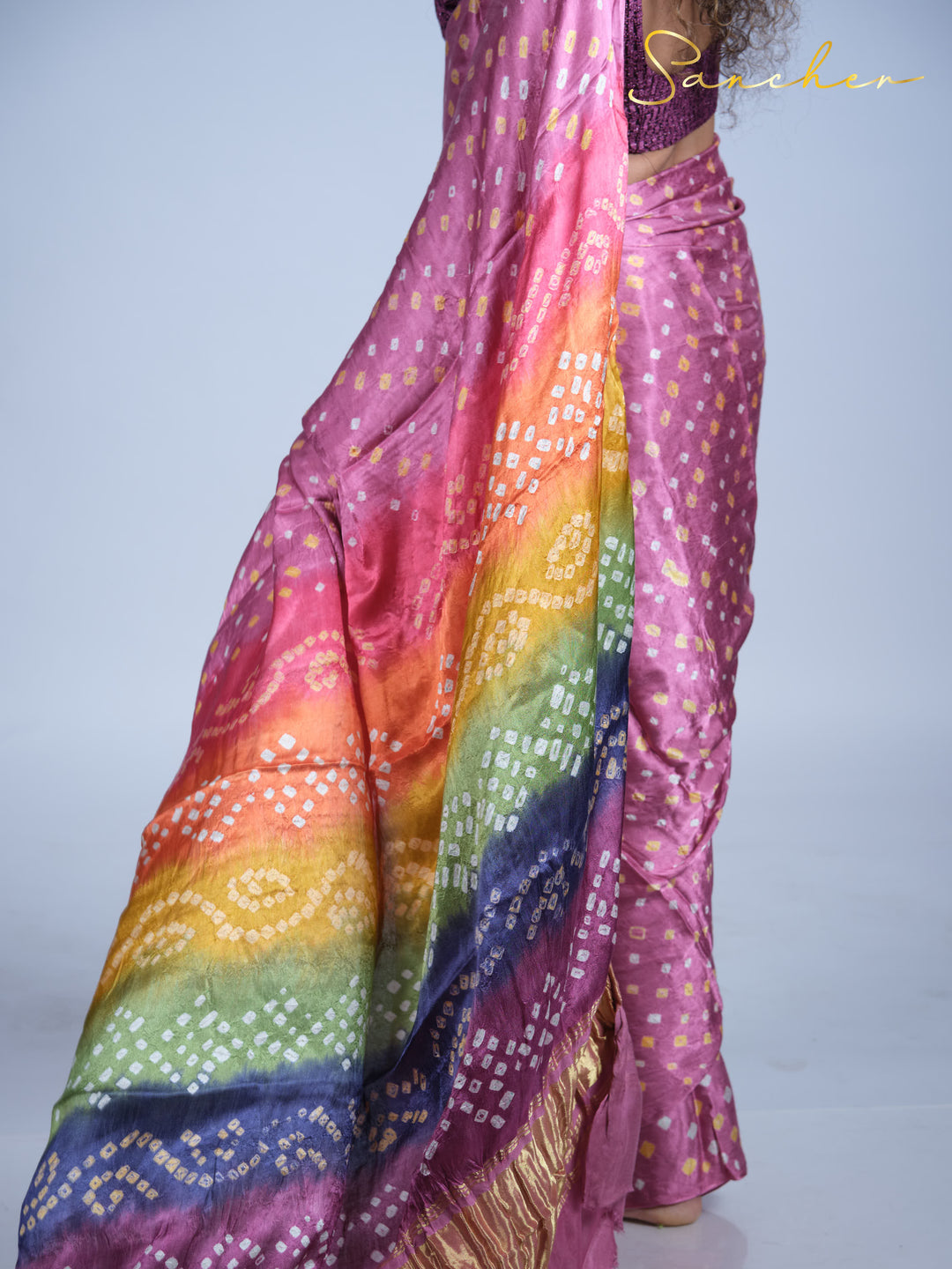 pink bandhani silk saree