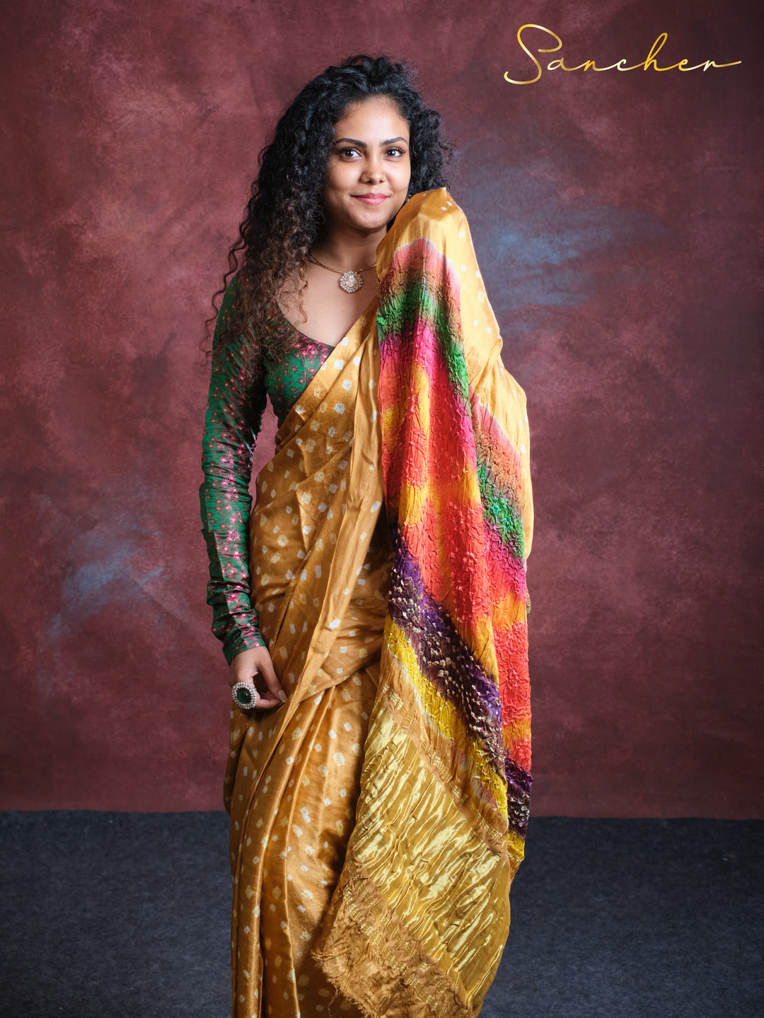 Golden Yellow bandhani silk saree