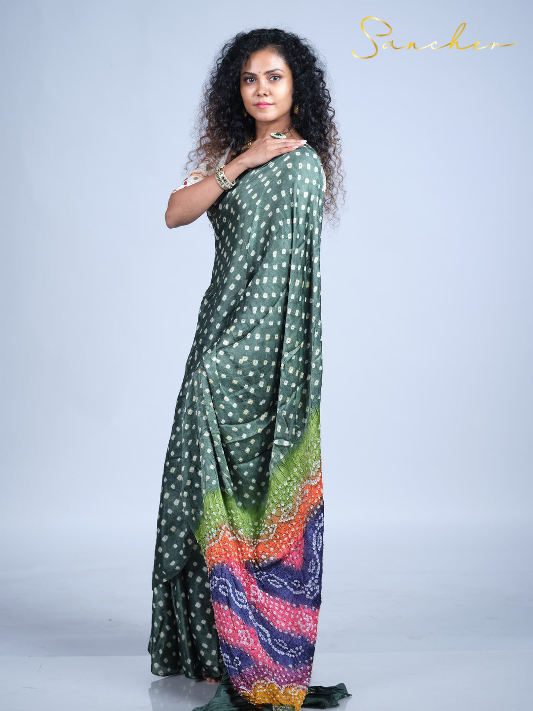 bandhani saree green colour