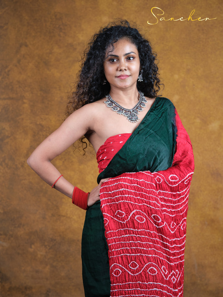 dark green bandhani silk saree