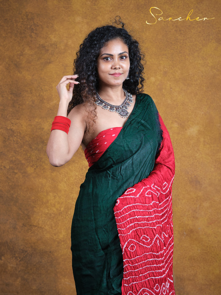 bandhani saree dark green colour