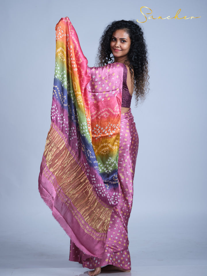 pink bandhani saree