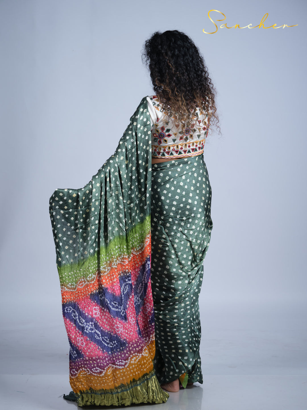 green bandhani silk saree