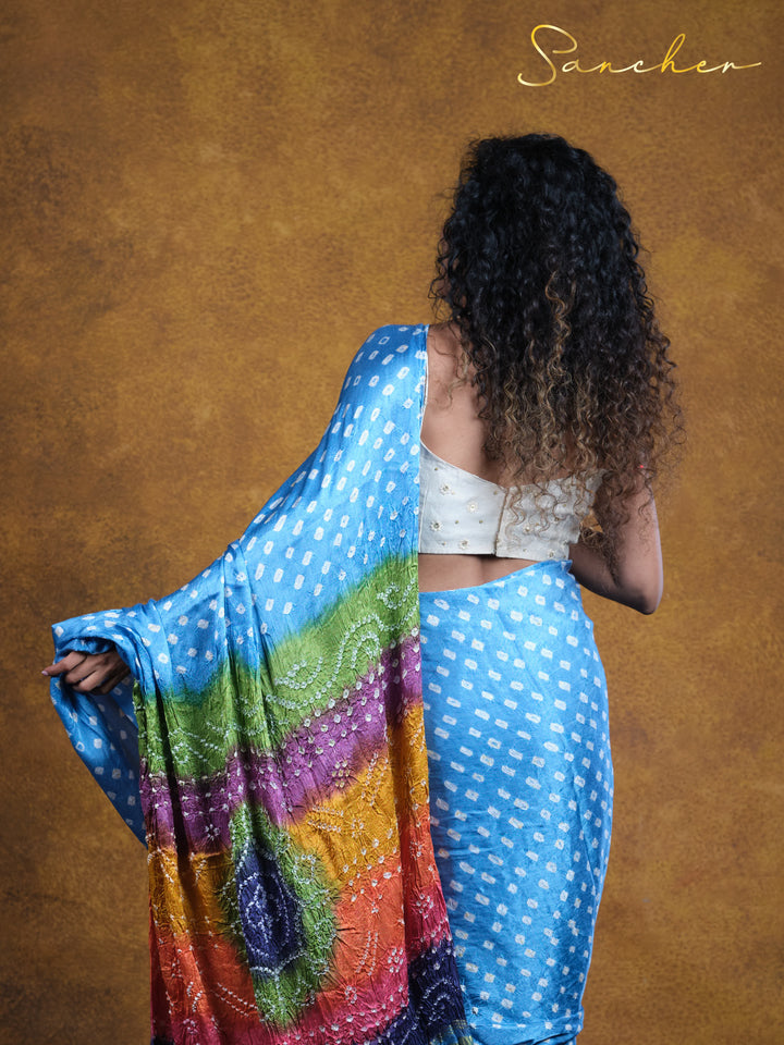 blue bandhani silk saree