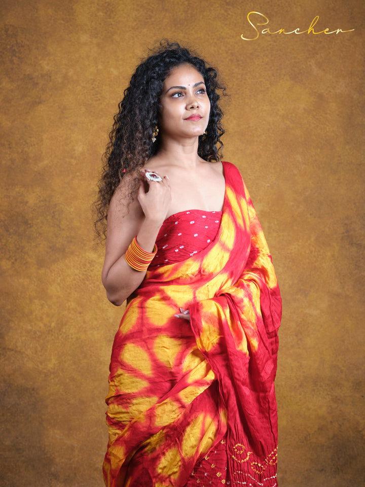 red bandhani silk saree